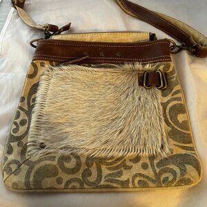 Myra Bags  Fur Pocket Upcycled Canvas Shoulder Bag   NEW Without Tags